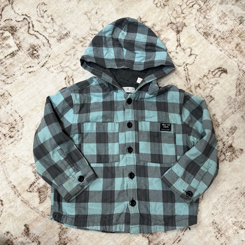 Zara Toddler Plaid Hooded Shirt - Mint Green & Charcoal